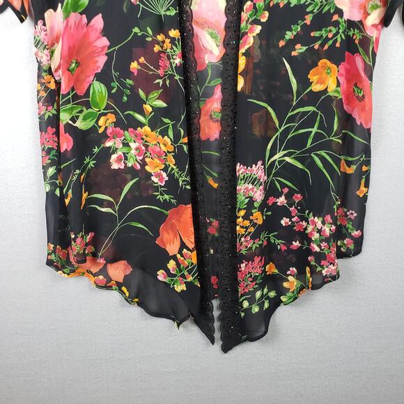 Vintage Women's M Semi Sheer Robe Kimoni Black‎ Floral Beaded Lace Trim - Picture 2 of 10